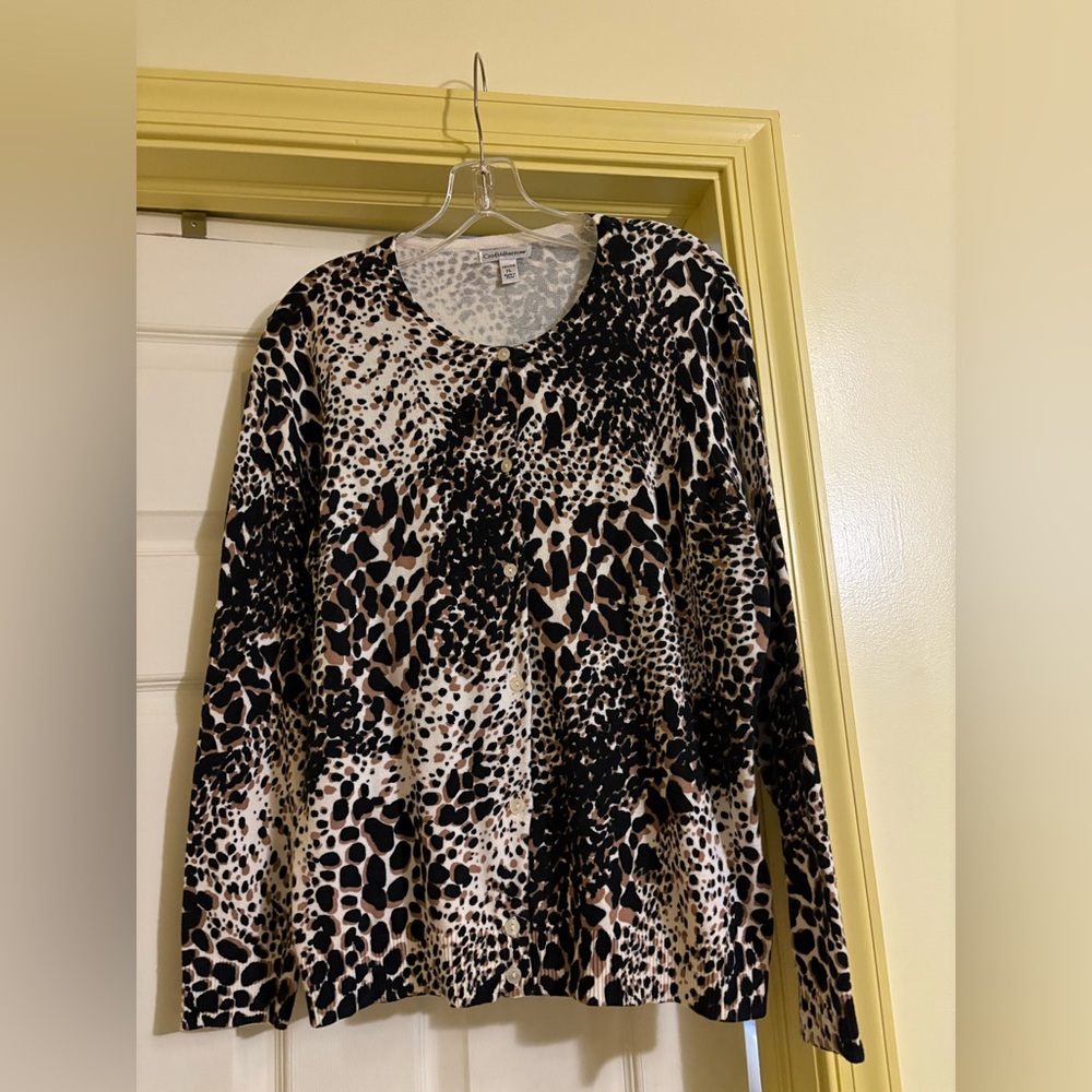 Croft & Barrow Leopard Print Cardigan Long Sleeve with Rib Trim Petite Large
